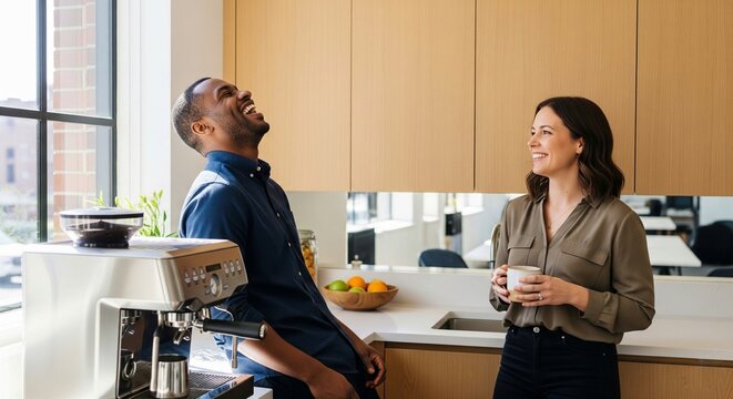 Diverse business team laughing at coffee break in modern office kitchen, bonding over conversation while enjoying espresso from coffee machine for workplace relaxation. - Powered by Adobe