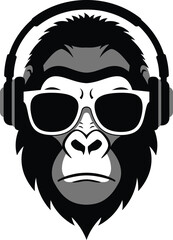 Bold vector illustration of a cool gorilla head with sunglasses and headphones, a modern black and white mascot design perfect for branding, music themes, and apparel.