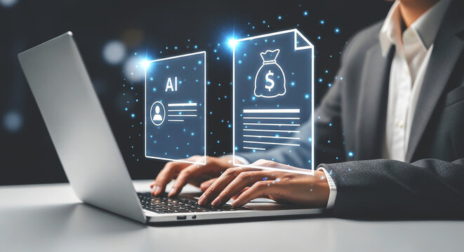 Man using laptop with ai profile and money bag icons floating above the keyboard in a digital space