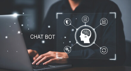 Person using laptop with chat bot and ai interface displayed on screen in dark setting