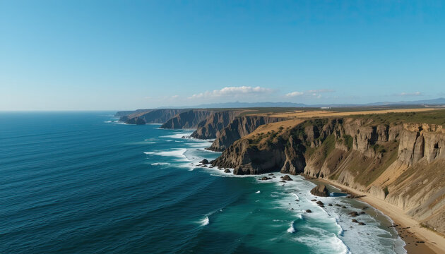 Aerial view of cliffs meeting the ocean with waves crashing under a clear blue sky on a sunny day