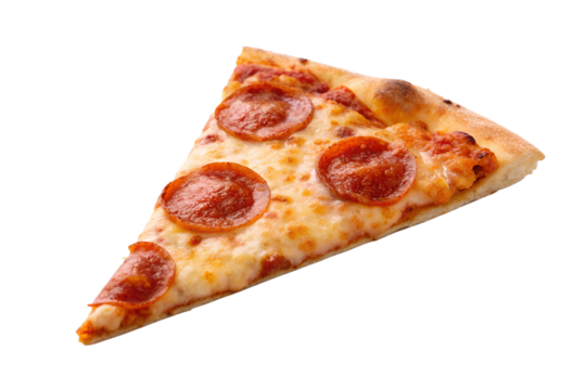 A classic slice of pepperoni pizza featuring melted mozzarella cheese and a golden crispy crust, isolated on a pure white background for easy editing.