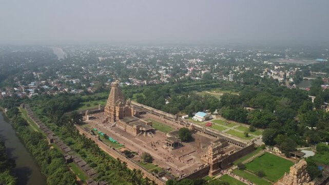 Aerial Approach to Brihadeeswarar Temple from Side Angle, Thanjavur, India