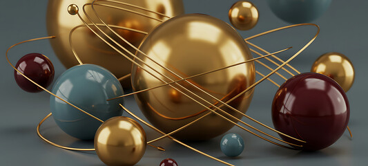 Stunning 3D render featuring golden spheres and elegant orbiting lines for modern design projects