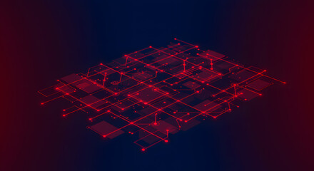 : Futuristic Red Wireframe Grid with Glowing Dots

