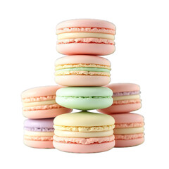 A stack of colorful french macarons, delicate almond meringue cookies with creamy filling, isolated on transparent background, perfect for celebrations and sweet treats