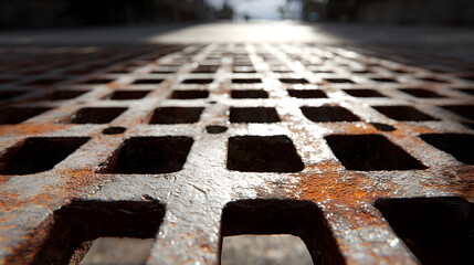 Close up of a weathered rusty metal grate with square openings and water droplets reflecting sunlight