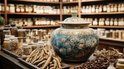 Vintage apothecary setup with ornamental jar and herbal ingredients for remedies