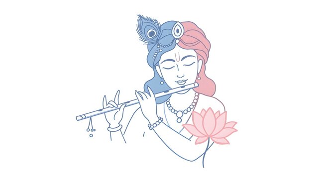 krishna playing flute, pink and blue, line art clip art preview