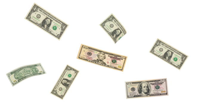 Money falling isolated on white or transparent background