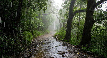 Obraz premium Rainy forest path with lush green trees and mist