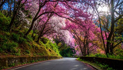 Obraz premium Winding road beneath a vibrant canopy of pink and white blossoming trees