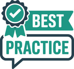 Best practice badge with checkmark and ribbon in green and white color scheme on a white background