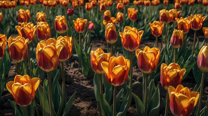 Vibrant orange and red tulips in a field, showcasing a colorful spring display.