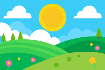 Obraz premium Sunny day on rolling green hills with flowers and trees