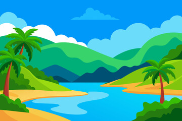 Fototapeta premium Vibrant tropical landscape with palm trees and calm water