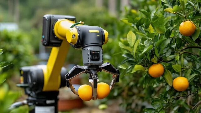 A futuristic robot arm harvests oranges from a tree, showcasing advancements in agricultural automation and the future of farming.