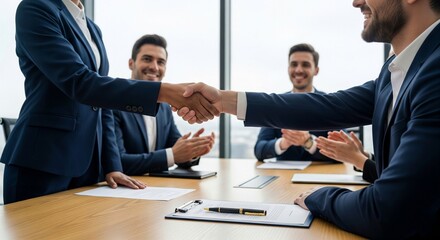 Successful executive shaking hands celebrating deal as diverse business team applauds in office at group meeting consulting on financial investment and project plan.