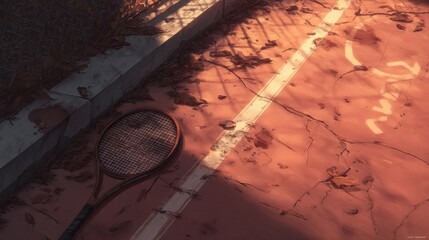 Abandoned tennis racket on a faded, sun-drenched court