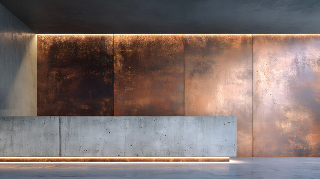 Modern interior with concrete reception desk and textured copper wall panels illuminated by warm L E D lighting
