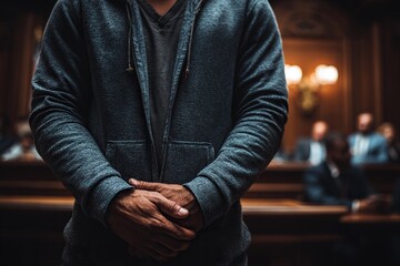 Person standing with hands clasped in front of a courtroom audience.