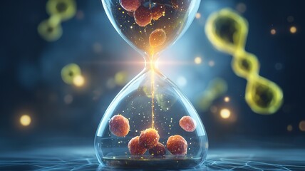 Creative concept of translucent hourglass transforming decaying cells into glowing new structures, symbolizing cellular regeneration