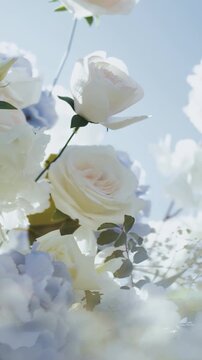 White roses against a blue sky. Close-up of a wedding arch decorated with white and blue flowers, roses, chrysanthemums and hydrangeas. Wedding arch ceremony.
