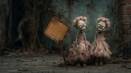 Halloween Creepy Twin Dolls in Tattered Dresses by Rusted Sign