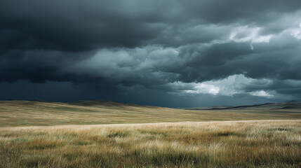 A windswept grassland under a dramatic stormy sky (1)