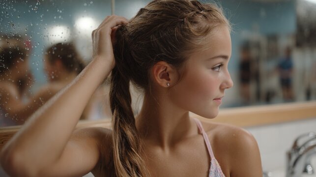 A young woman gazes thoughtfully at her reflection, adjusting her hair, perhaps lost in contemplation or getting ready for the day.