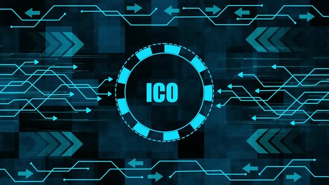 Futuristic I C O digital network with glowing blue arrows and data flow on dark tech background