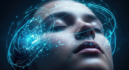 Close up of a woman s face with futuristic blue energy streams and digital data flowing around her head
