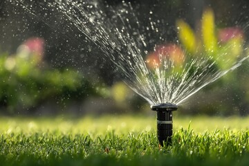 Sprinkler watering a green lawn, shimmering in sunlight, close-up view