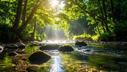 Sunbeams dapple mossy rocks along river