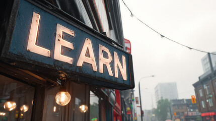 Obraz premium Educational Challenge Approaches Concept, Neon learn sign illuminates approach to modern education challenge on urban street with glowing lanterns