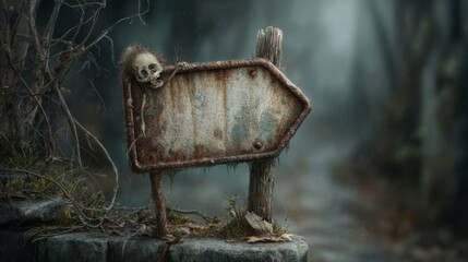 Rusty Arrow Sign with Skull in Haunted Forest
