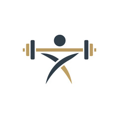 A powerful minimalist vector logo for a gym. A stylized figure lifting a barbell in a bold, elegant design that conveys strength and dynamic motion
