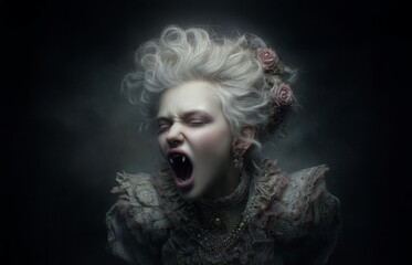 Victorian Halloween Vampire Woman Screaming in Dark Mist