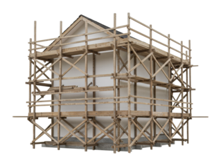 Construction project underway wooden scaffolding surrounding a house urban setting viewpoint building process. Cut out png