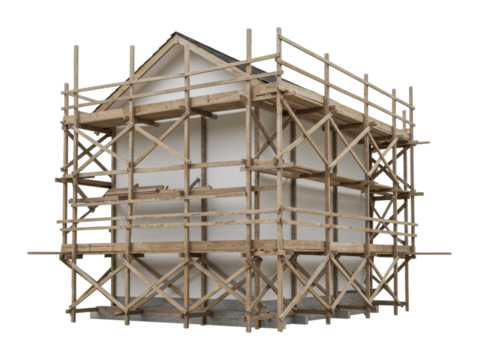 Construction project underway wooden scaffolding surrounding a house urban setting viewpoint building process. Cut out png - Powered by Adobe