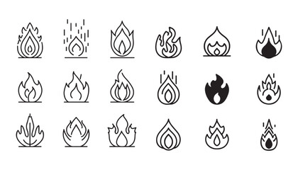 Set of simple and clean vector illustrations of fire icons in black and white, ideal for web design, app interfaces, warning signs and graphic projects on a white background.