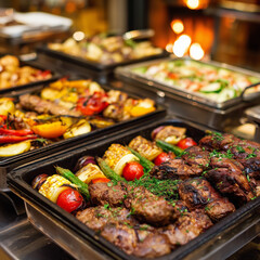 Catering buffet food indoor in restaurant or hotel with grilled meat and vegetables. Variety