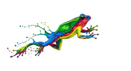 Naklejka premium Splashing multicolored rainbow paint shaped like a frog on a solid white background