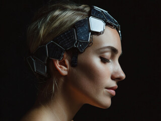 ソーラーパネルのヘッドバンドを身につける女性