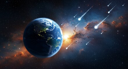Obraz premium Dramatic Earth and Meteors in Blue and Orange Nebula Space