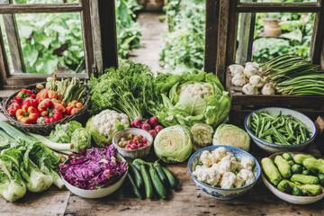 Fresh vegetables displayed on rustic table with homegrown ingredients for cooking