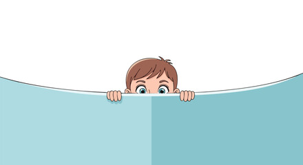 Curious cartoon boy with big eyes peeking over a blue wall or banner.