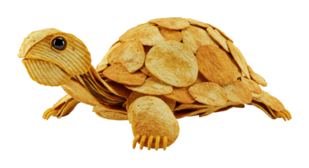 Creative food art potato chip turtle sculpture culinary showcase studio environment artistic perspective. Cut out png