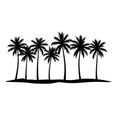 Silhouette of a row of tropical palm trees on a white background