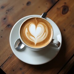 Overhead view of a delicious latte with heart art on a wooden table